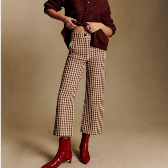 Sezane Martin Crop Trousers in Brown/ Ecru Gingham - Picture 1 of 6